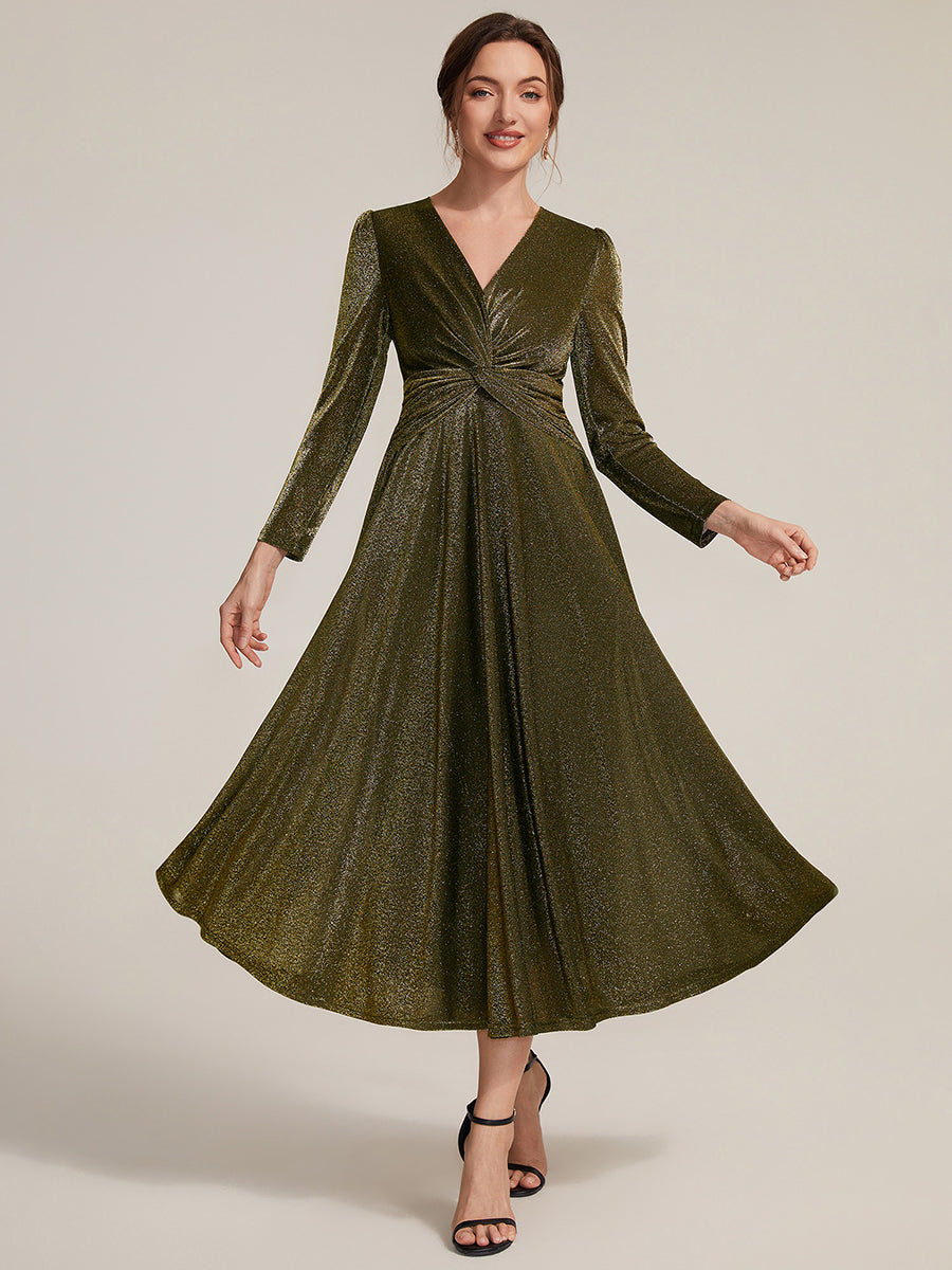 Color=Gold | Wholesale Pricing Long Sleeve High Stretch A-Line Tea Length Knot Detail Wedding Guest Dresses-Gold 11