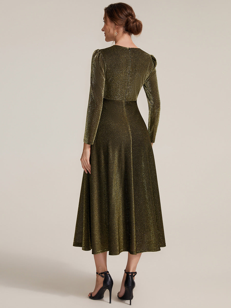 Color=Gold | Wholesale Pricing Long Sleeve High Stretch A-Line Tea Length Knot Detail Wedding Guest Dresses-Gold 12