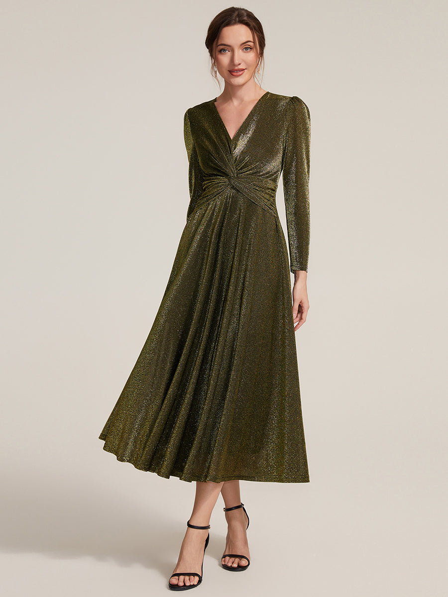 Color=Gold | Wholesale Pricing Long Sleeve High Stretch A-Line Tea Length Knot Detail Wedding Guest Dresses-Gold 14