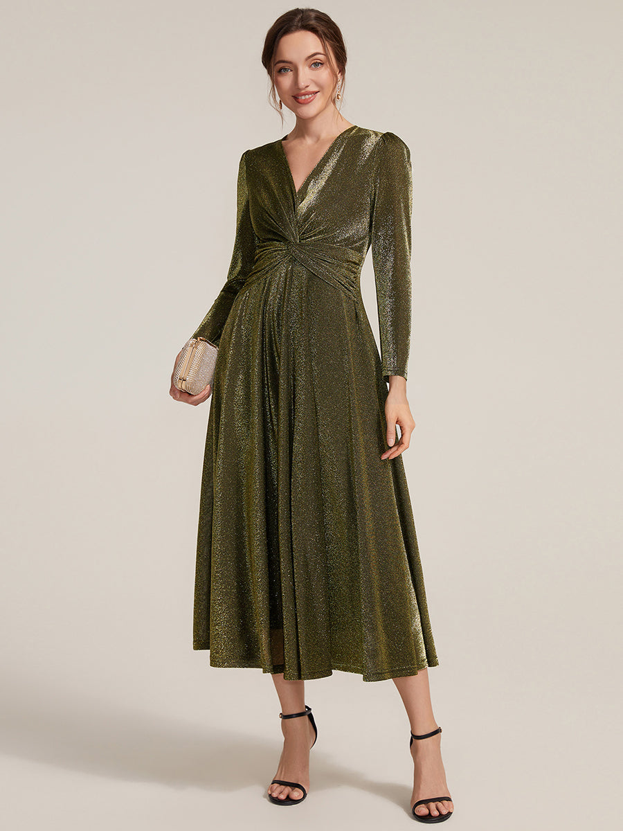 Color=Gold | Wholesale Pricing Long Sleeve High Stretch A-Line Tea Length Knot Detail Wedding Guest Dresses-Gold 15