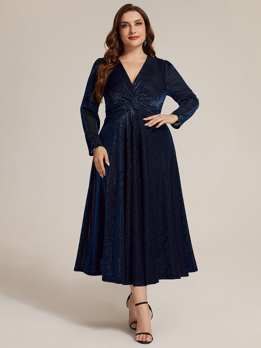 Color=Navy Blue | Wholesale Pricing Long Sleeve High Stretch A-Line Tea Length Knot Detail Wedding Guest Dresses-Navy Blue 26