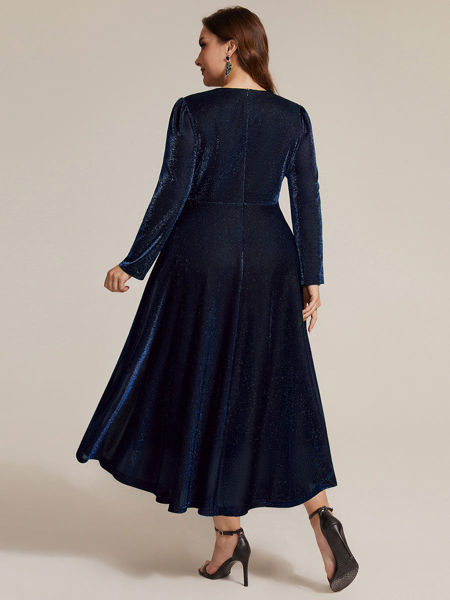 Color=Navy Blue | Wholesale Pricing Long Sleeve High Stretch A-Line Tea Length Knot Detail Wedding Guest Dresses-Navy Blue 27