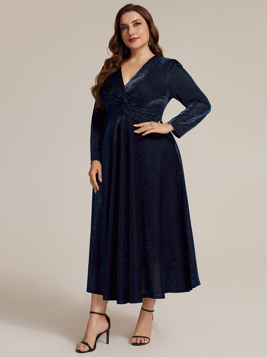 Color=Navy Blue | Wholesale Pricing Long Sleeve High Stretch A-Line Tea Length Knot Detail Wedding Guest Dresses-Navy Blue 29