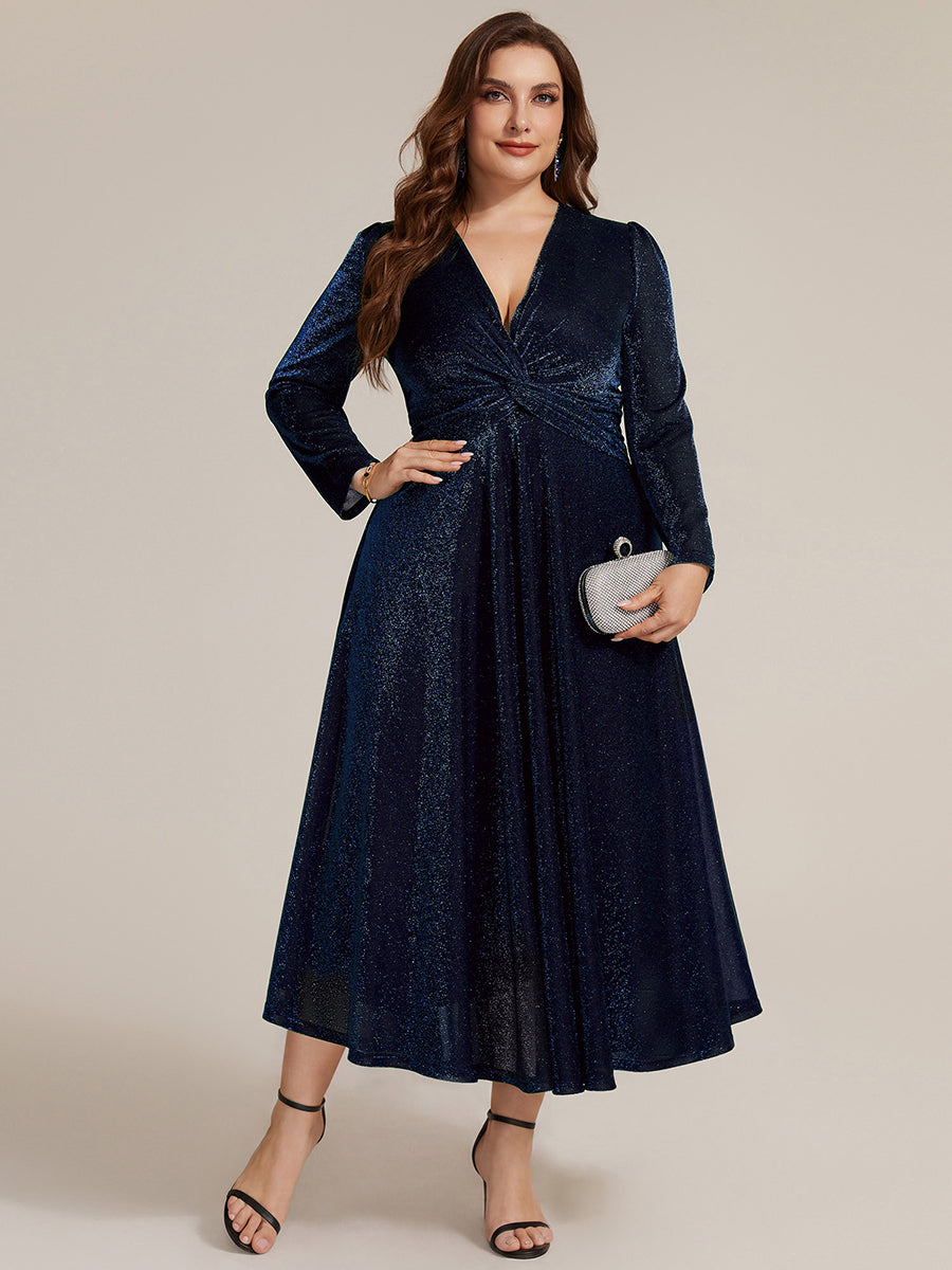 Color=Navy Blue | Wholesale Pricing Long Sleeve High Stretch A-Line Tea Length Knot Detail Wedding Guest Dresses-Navy Blue 30