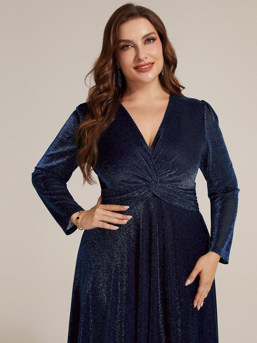 Color=Navy Blue | Wholesale Pricing Long Sleeve High Stretch A-Line Tea Length Knot Detail Wedding Guest Dresses-Navy Blue 28