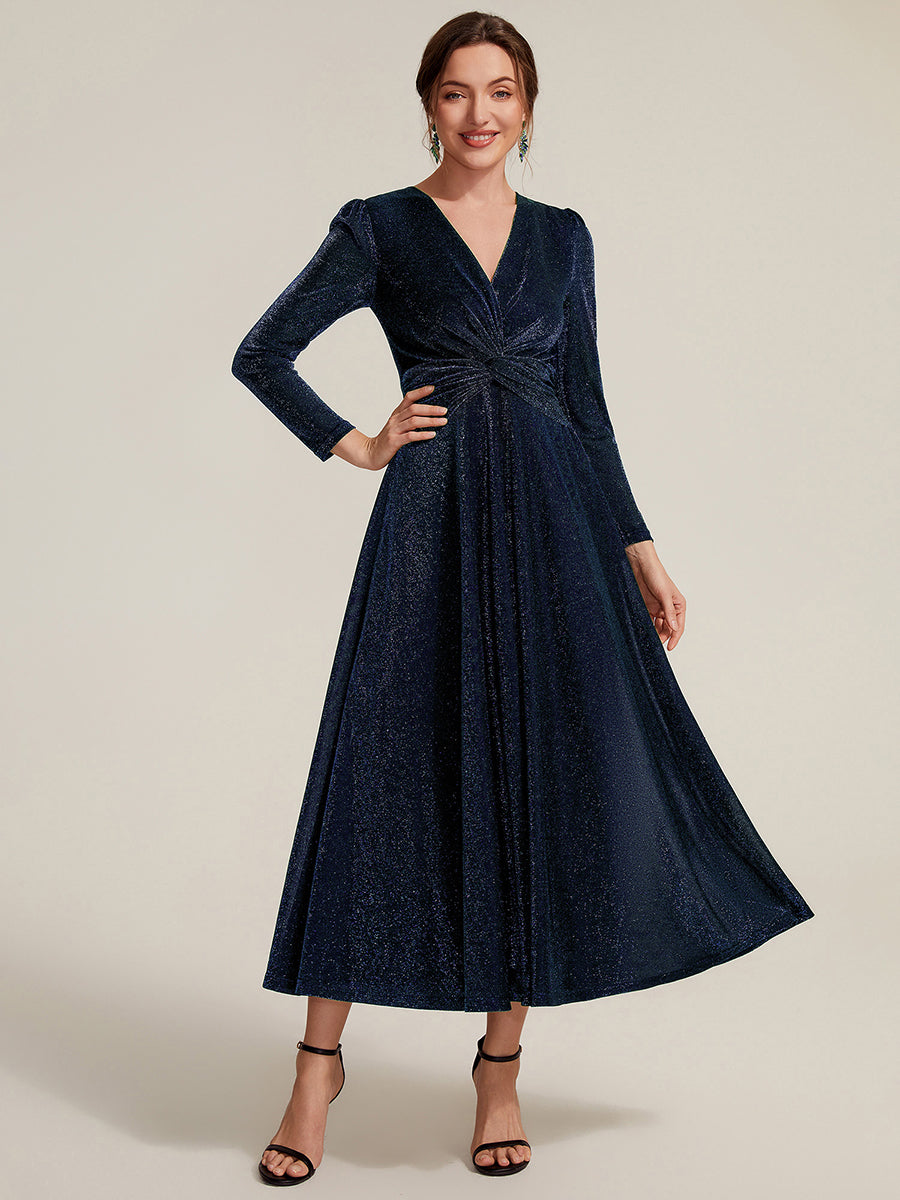 Color=Navy Blue | Wholesale Pricing Long Sleeve High Stretch A-Line Tea Length Knot Detail Wedding Guest Dresses-Navy Blue 21