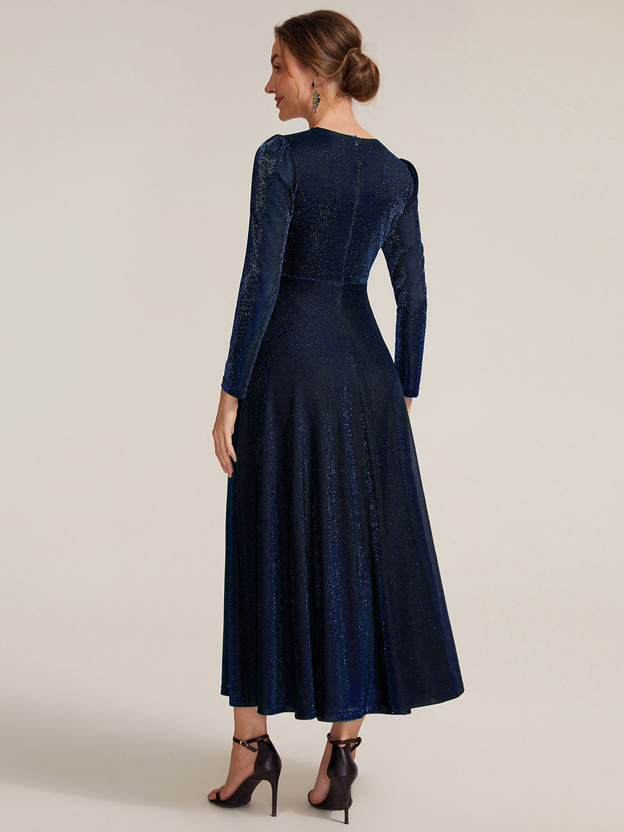 Color=Navy Blue | Wholesale Pricing Long Sleeve High Stretch A-Line Tea Length Knot Detail Wedding Guest Dresses-Navy Blue 22