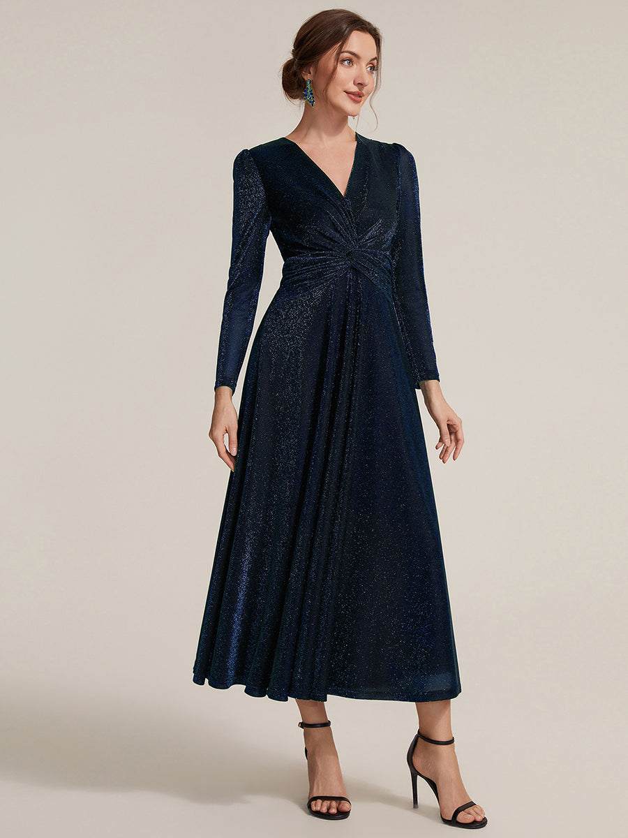 Color=Navy Blue | Wholesale Pricing Long Sleeve High Stretch A-Line Tea Length Knot Detail Wedding Guest Dresses-Navy Blue 24