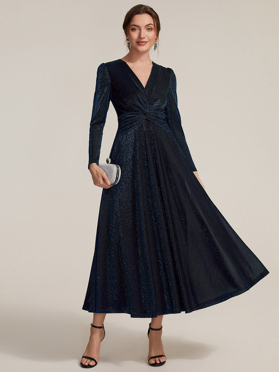 Color=Navy Blue | Wholesale Pricing Long Sleeve High Stretch A-Line Tea Length Knot Detail Wedding Guest Dresses-Navy Blue 25