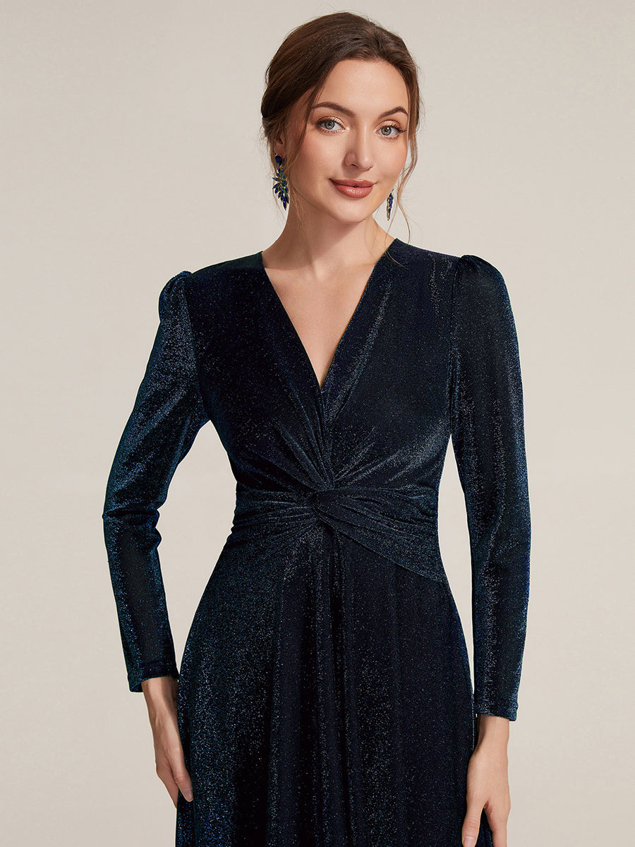 Color=Navy Blue | Wholesale Pricing Long Sleeve High Stretch A-Line Tea Length Knot Detail Wedding Guest Dresses-Navy Blue 23