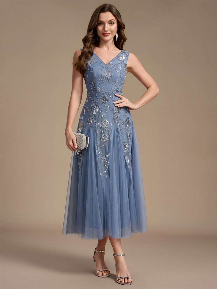 Color=Dusty Blue | Beading Sequins Sleeveless Midi Wedding Guest Dress - Dusty Blue 1