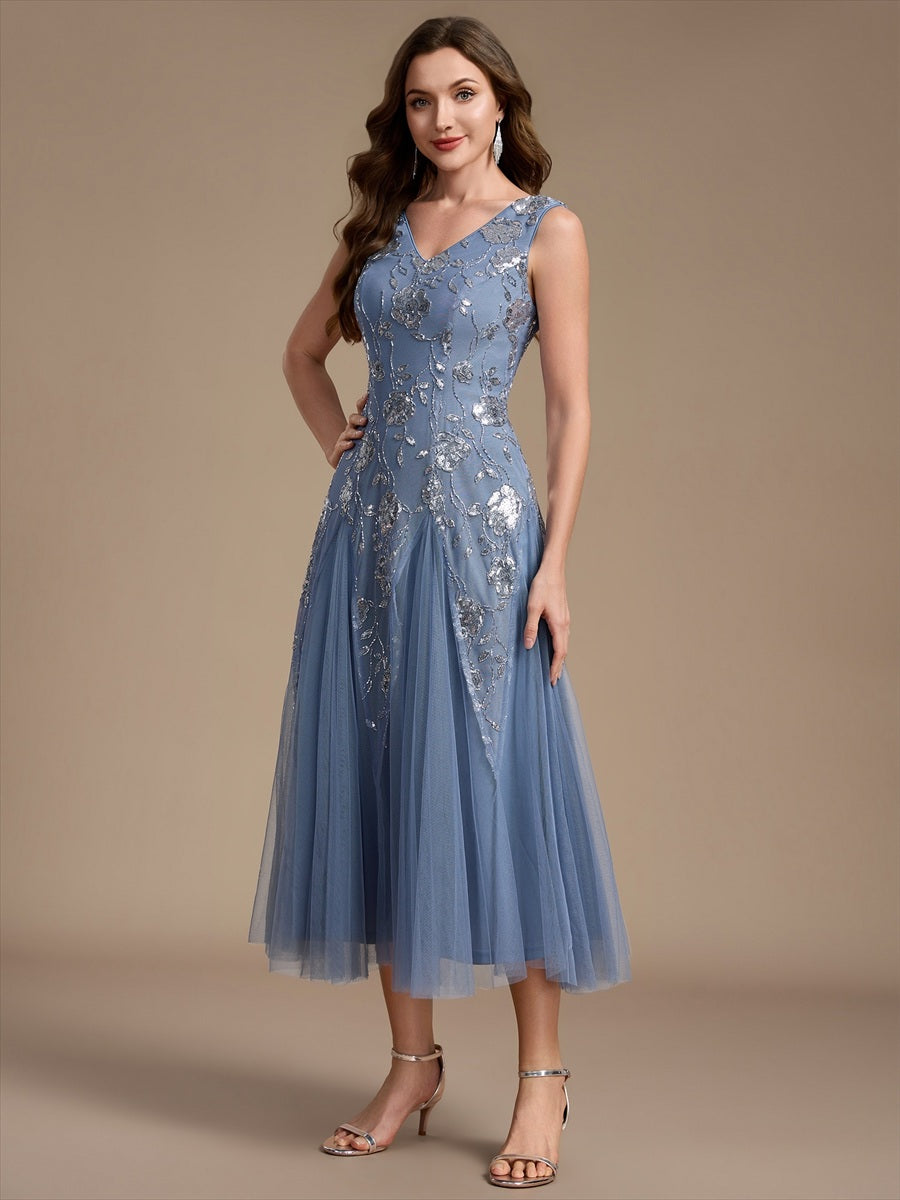 Color=Dusty Blue | Beading Sequins Sleeveless Midi Wedding Guest Dress - Dusty Blue 3