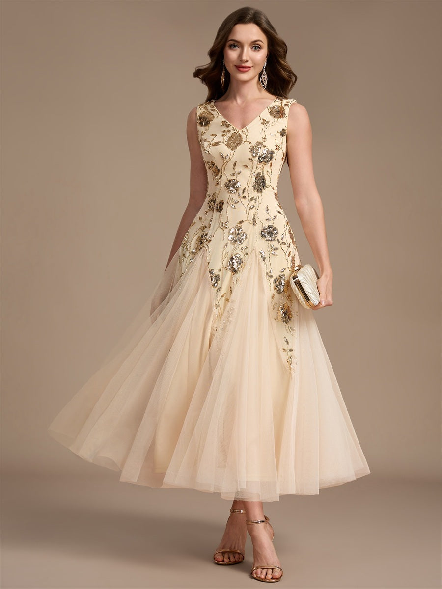 Color=Gold | Beading Sequins Sleeveless Midi Wedding Guest Dress - Gold 1