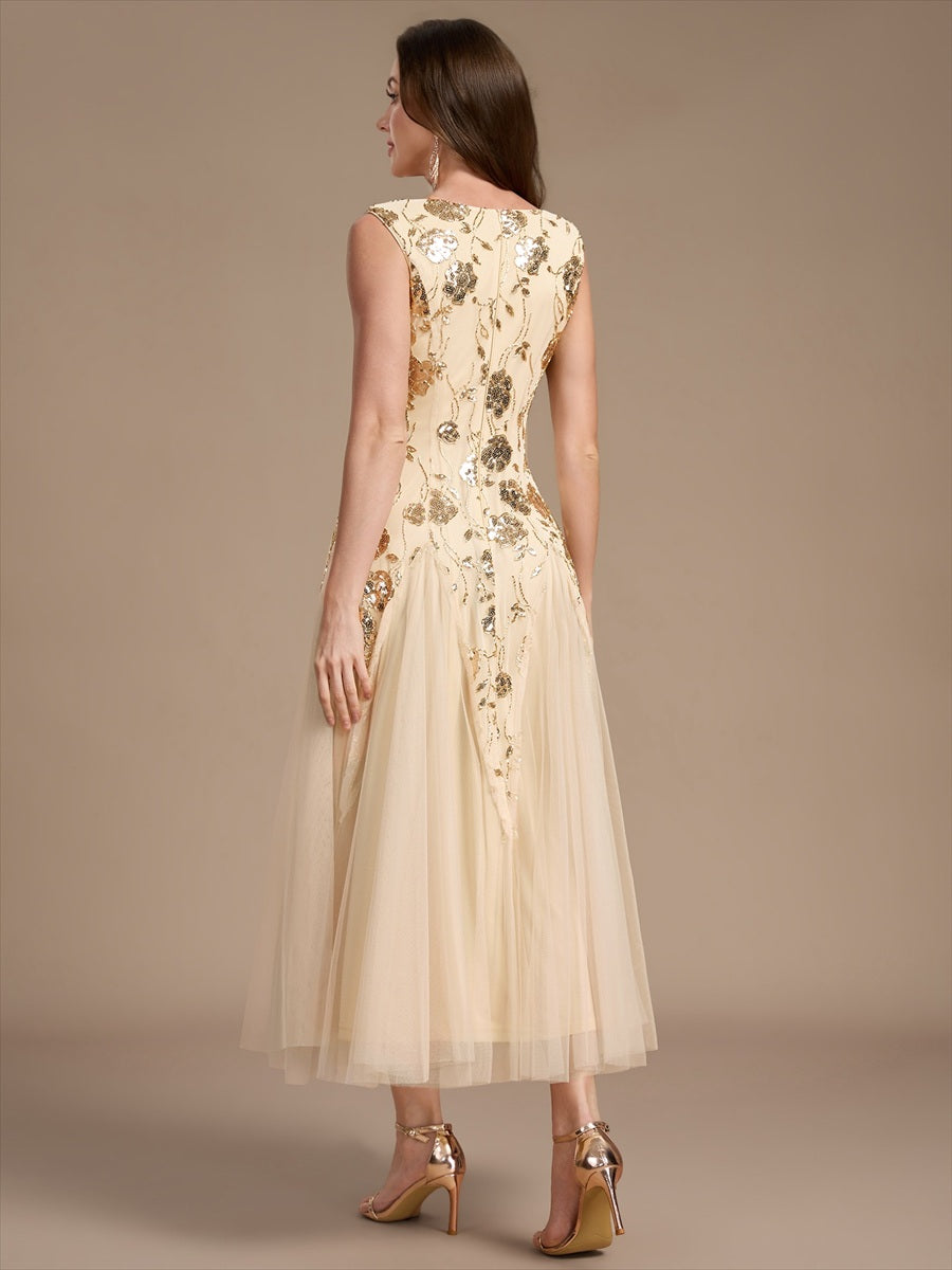 Color=Gold | Beading Sequins Sleeveless Midi Wedding Guest Dress - Gold 2