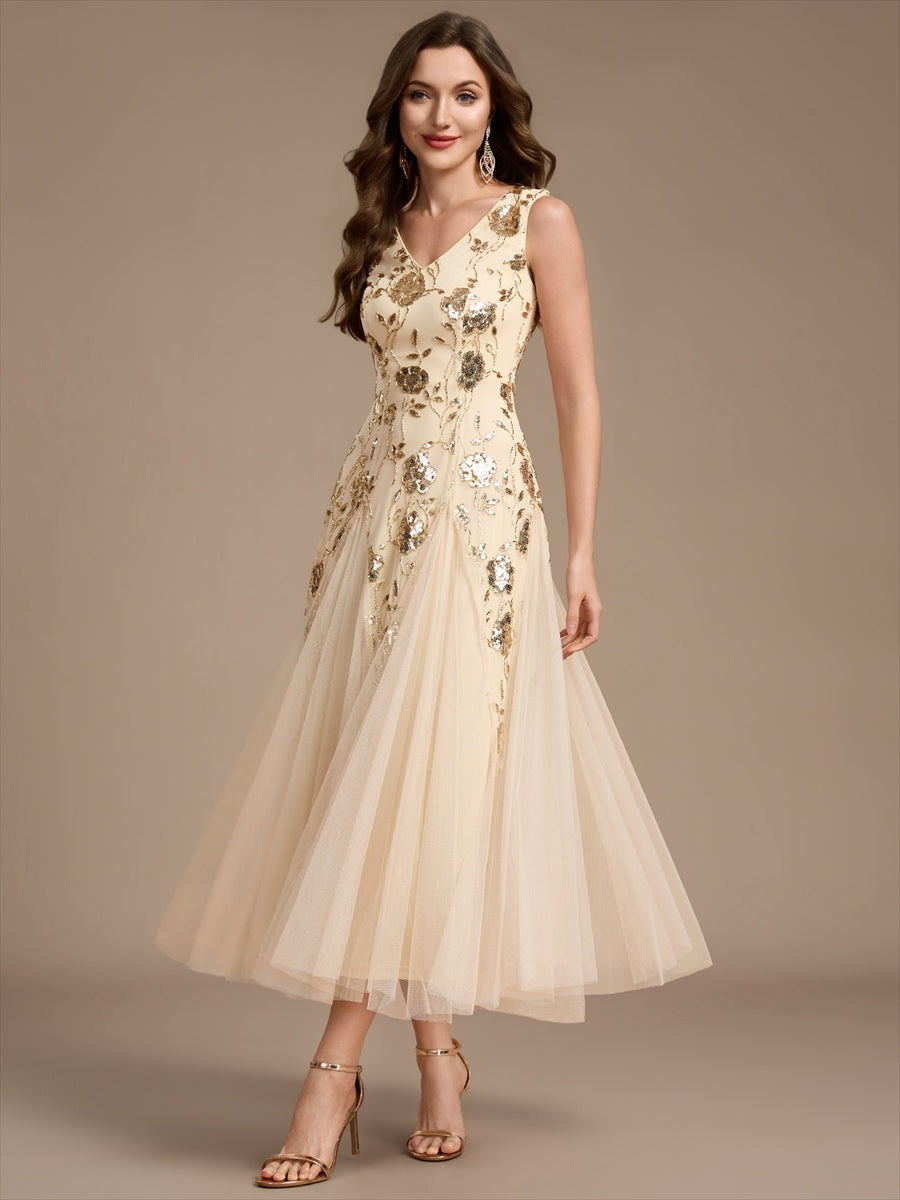 Color=Gold | Beading Sequins Sleeveless Midi Wedding Guest Dress - Gold 3