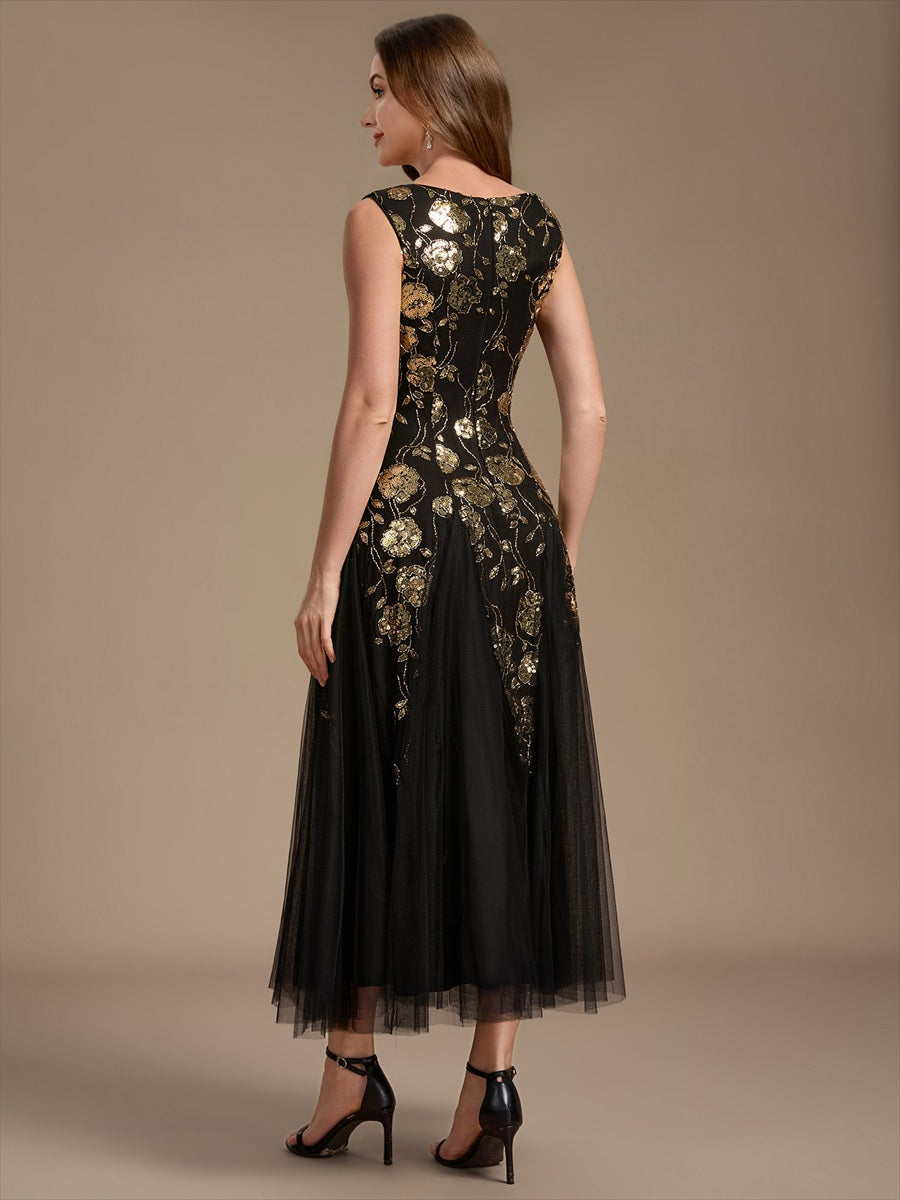 Color=Black Gold | Beading Sequins Sleeveless Midi Wedding Guest Dress - Black Gold 2