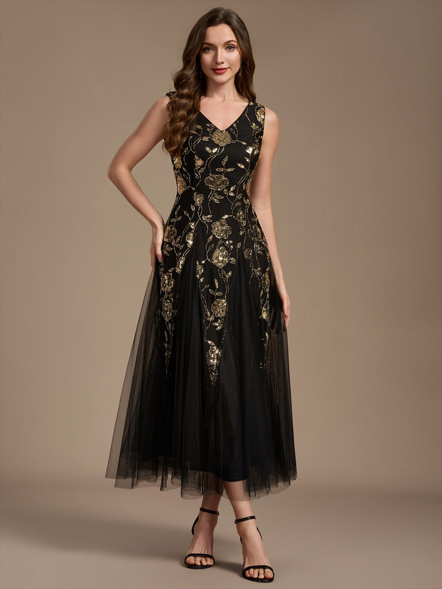 Color=Black Gold | Beading Sequins Sleeveless Midi Wedding Guest Dress - Black Gold 3