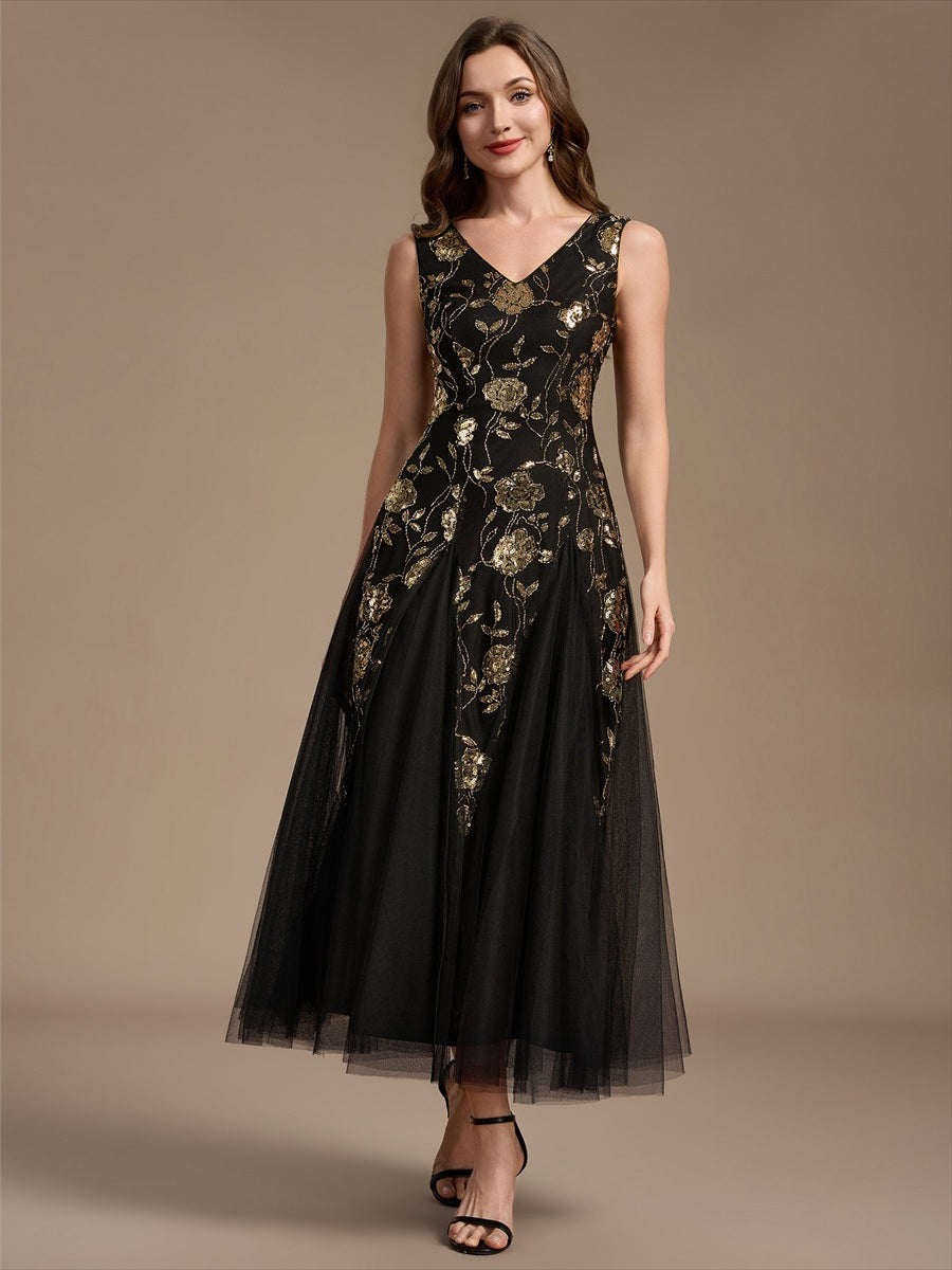 Color=Black Gold | Beading Sequins Sleeveless Midi Wedding Guest Dress - Black Gold 4