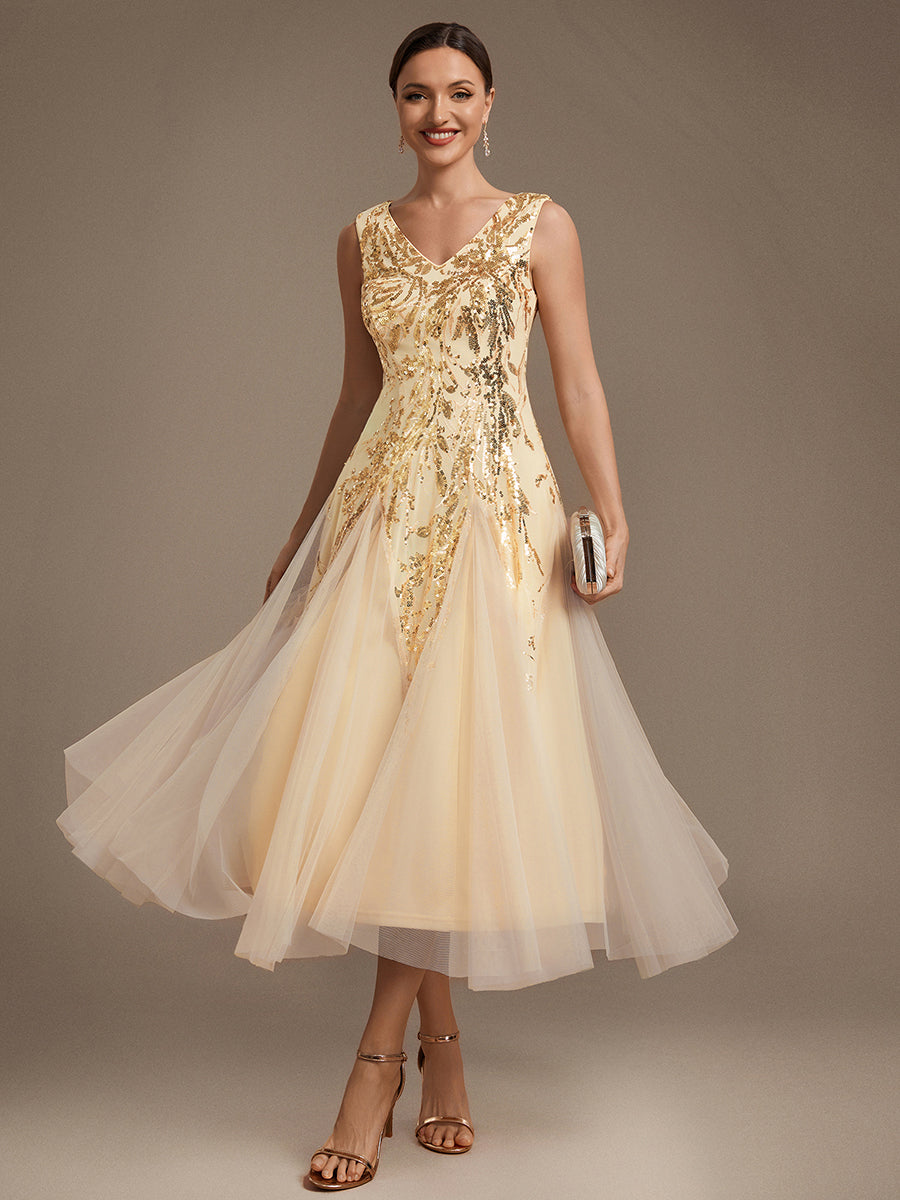 Color=Gold | Sleeveless Sequin Tea Length Wedding Guest Dresses - Gold 1