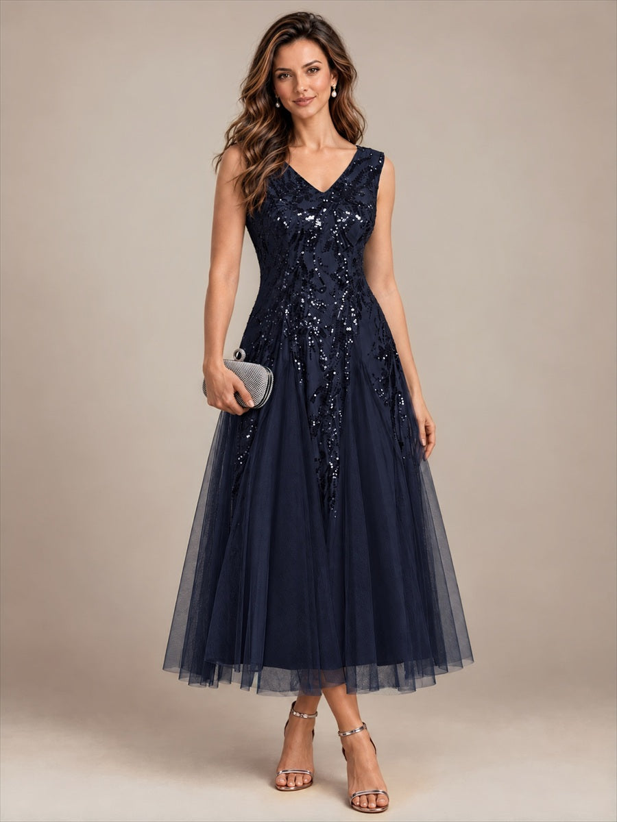 Color=Navy Blue | Sleeveless Sequin Tea Length Wedding Guest Dresses - Navy Blue 1