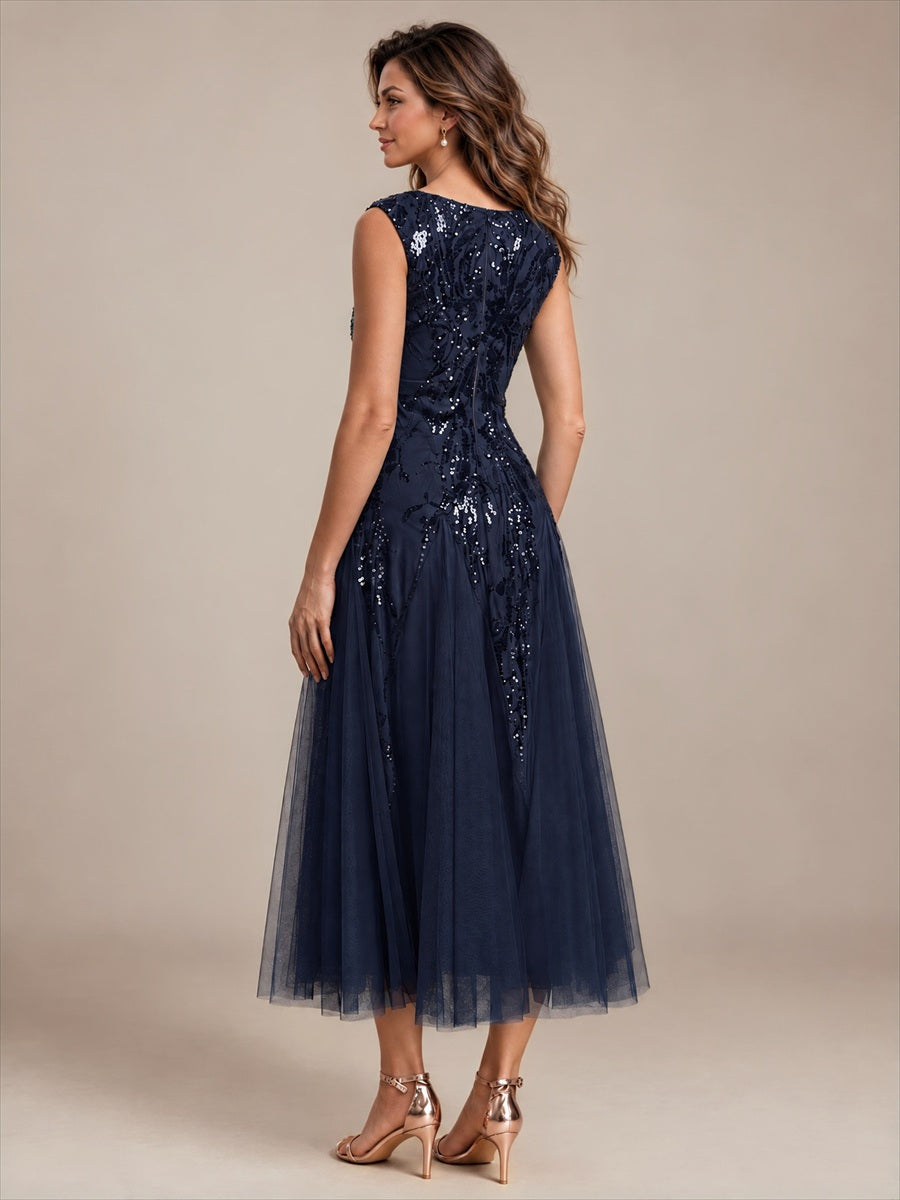 Color=Navy Blue | Sleeveless Sequin Tea Length Wedding Guest Dresses - Navy Blue 2