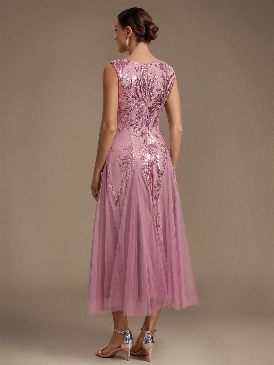 Color=Purple Orchid | Sleeveless Sequin Tea Length Wedding Guest Dresses - Purple Orchid 2