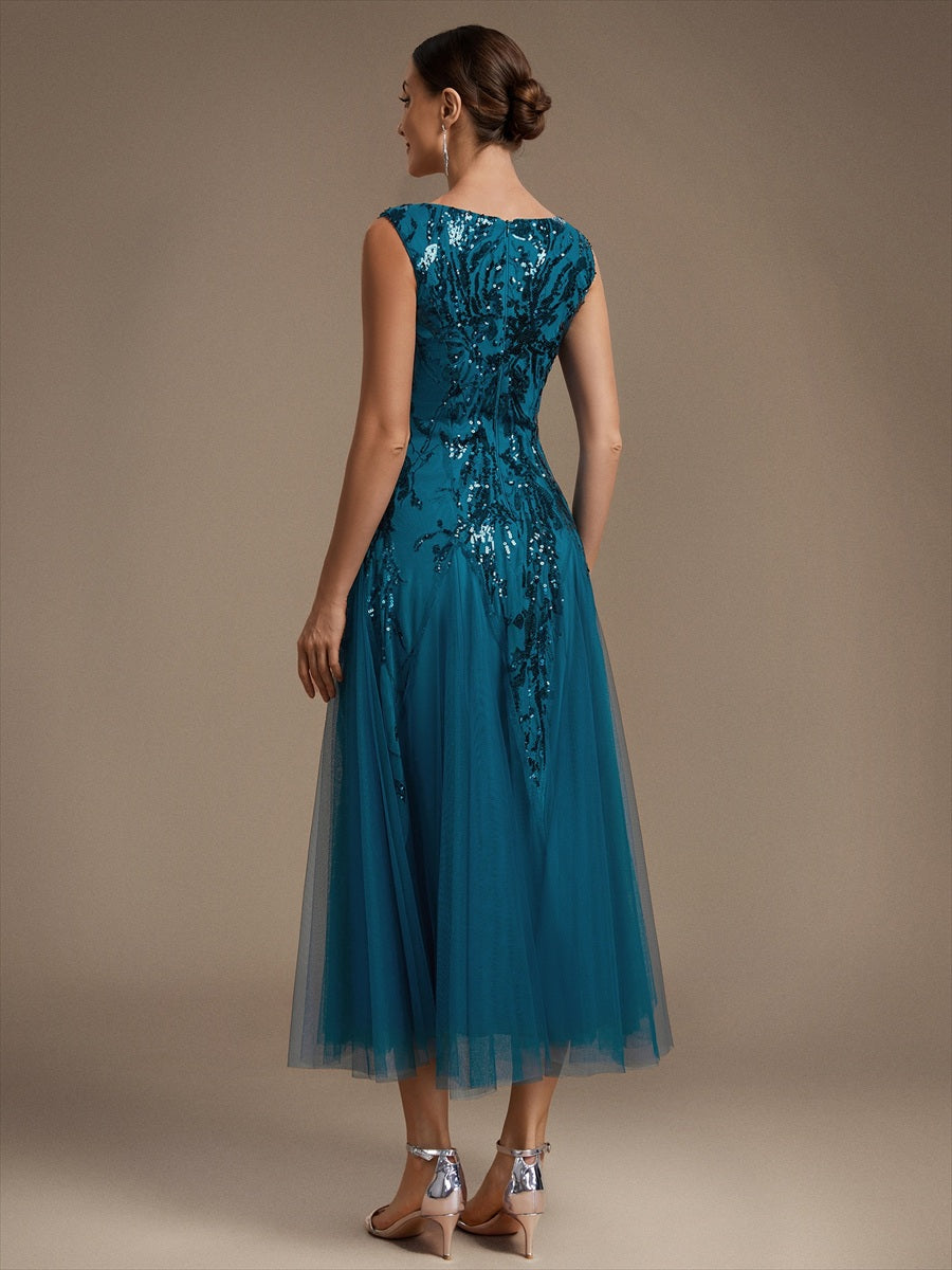 Color=Teal | Sleeveless Sequin Tea Length Wedding Guest Dresses - Teal 2