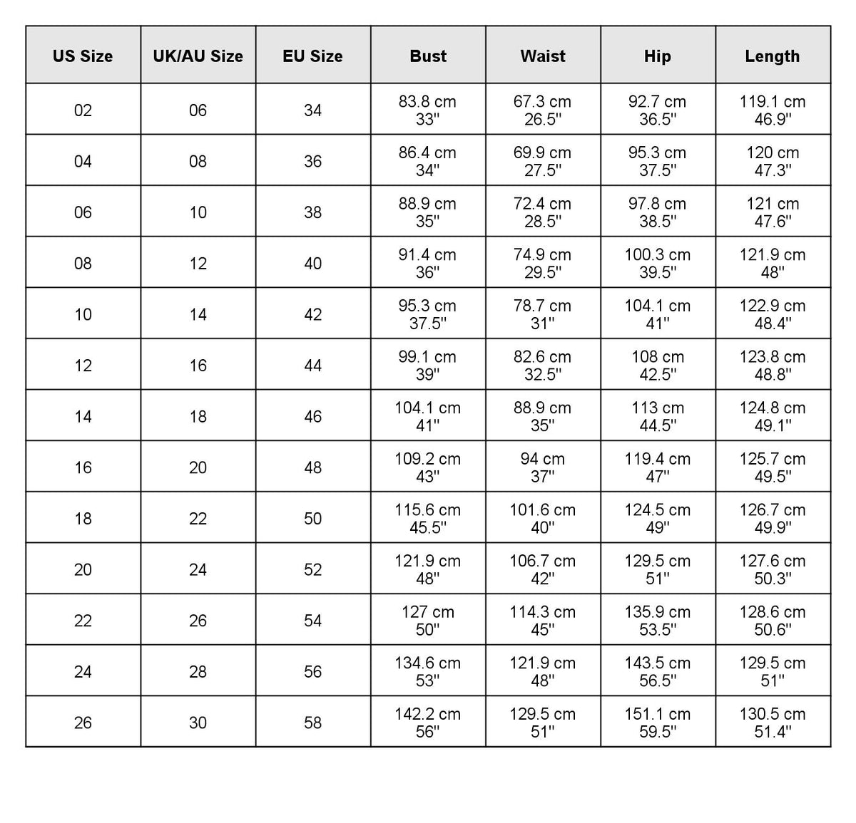 size chart
