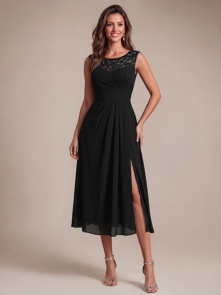 EG02867BK | Sleeveless Lace A-Line Tea Length Wedding Guest Dress