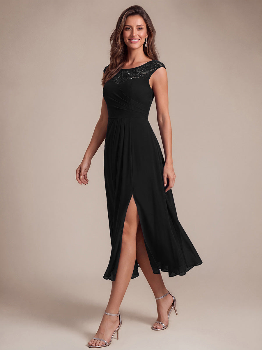 EG02867BK | Sleeveless Lace A-Line Tea Length Wedding Guest Dress