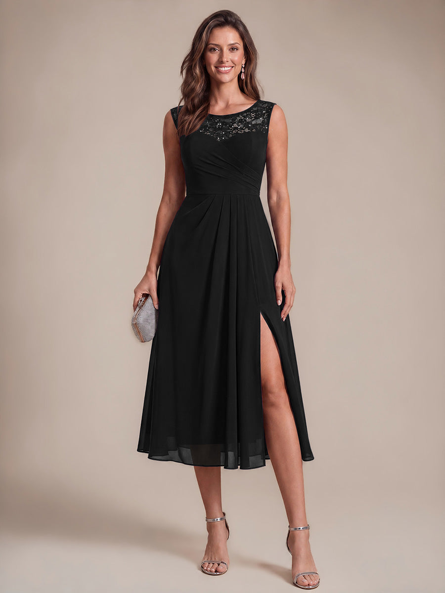 EG02867BK | Sleeveless Lace A-Line Tea Length Wedding Guest Dress