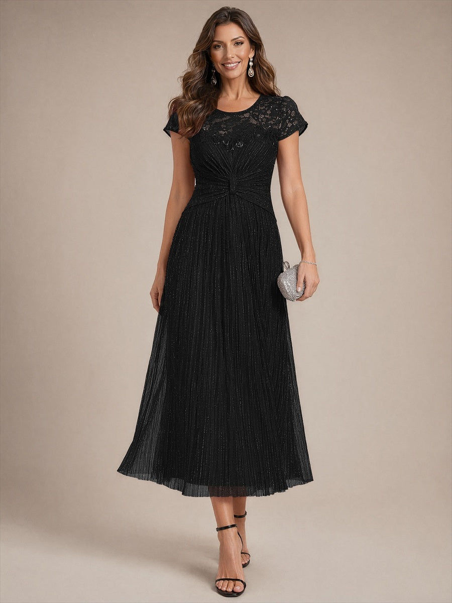 EG02871BK | Cap Sleeve Lace A-line Midi Wholesale Wedding Guest Dresses
