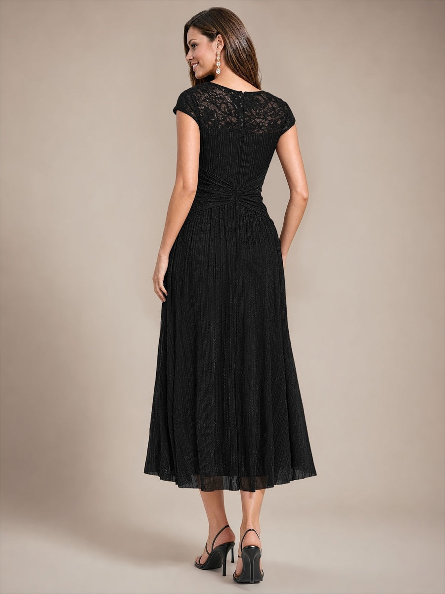 EG02871BK | Cap Sleeve Lace A-line Midi Wholesale Wedding Guest Dresses