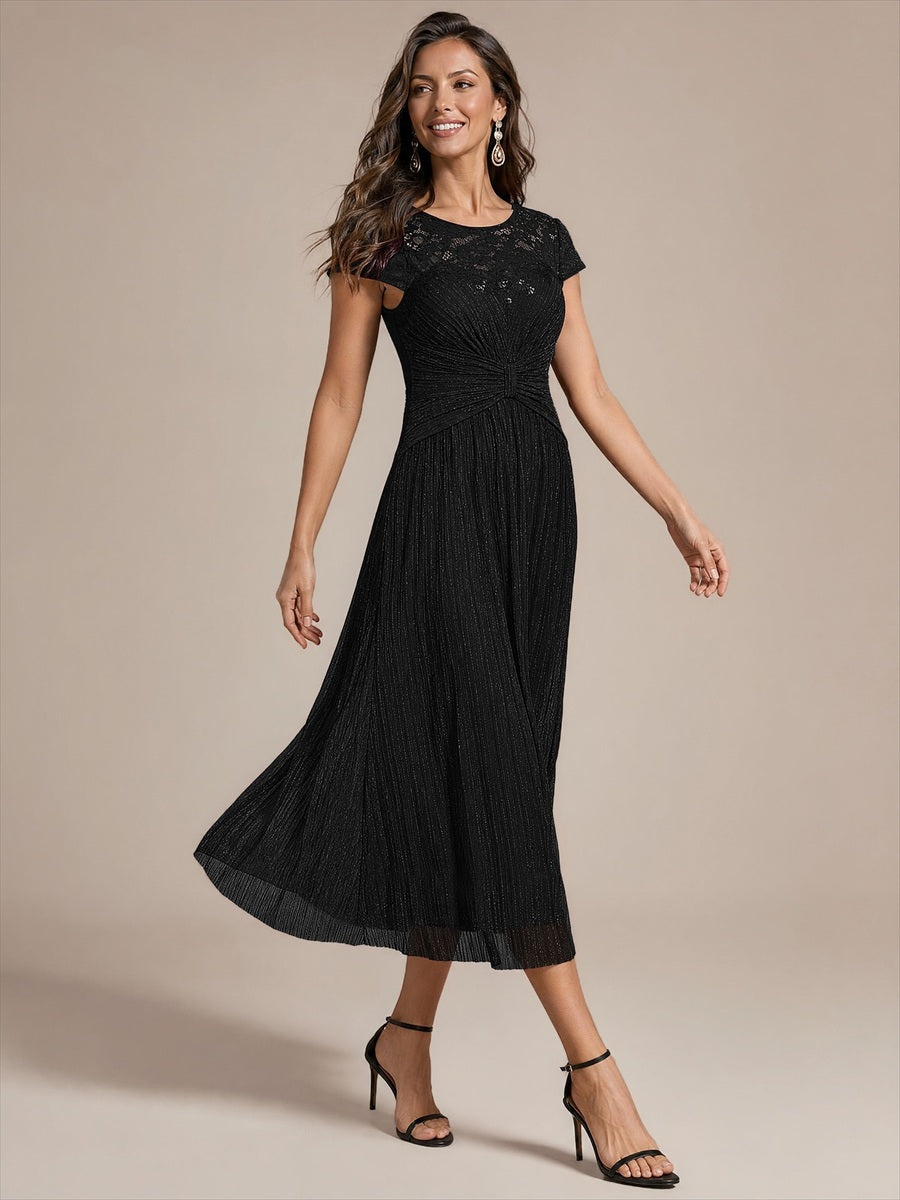 EG02871BK | Cap Sleeve Lace A-line Midi Wholesale Wedding Guest Dresses