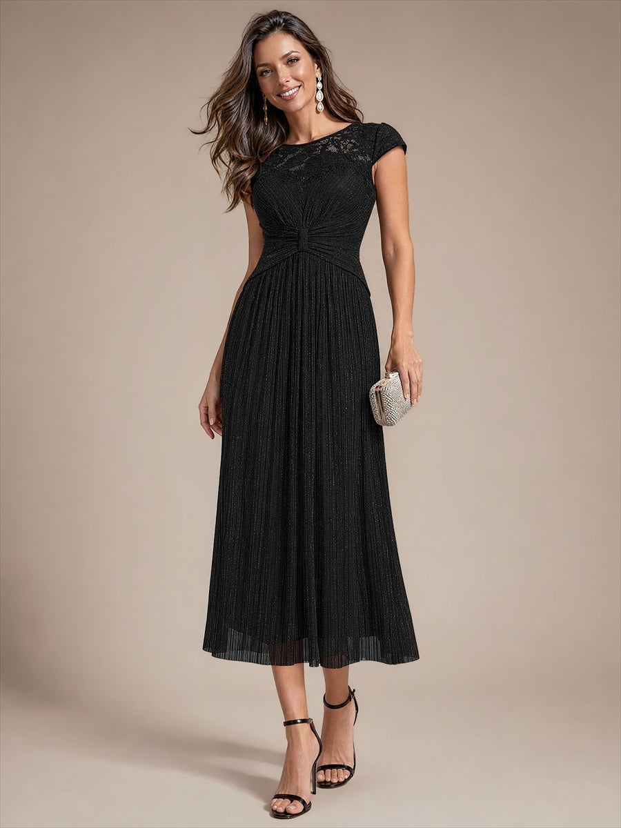 EG02871BK | Cap Sleeve Lace A-line Midi Wholesale Wedding Guest Dresses