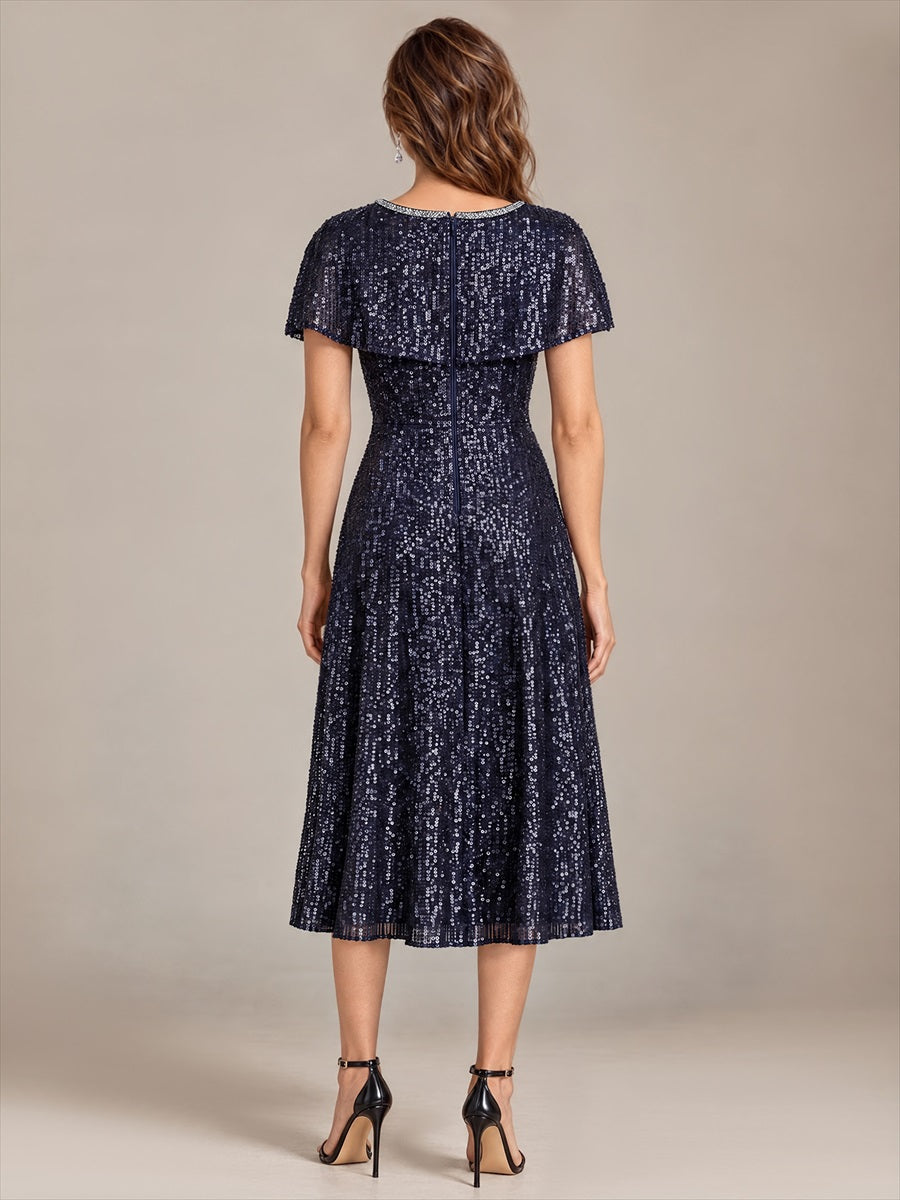 Color=Navy Blue|Wholesale Pricing Sequins Round Neck Wedding Guest Dresses-Navy Blue 2