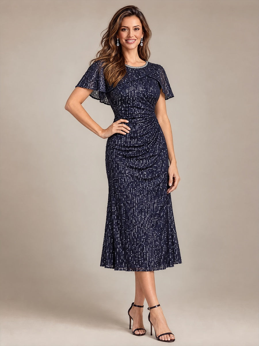 Color=Navy Blue|Wholesale Pricing Sequins Round Neck Wedding Guest Dresses-Navy Blue 3