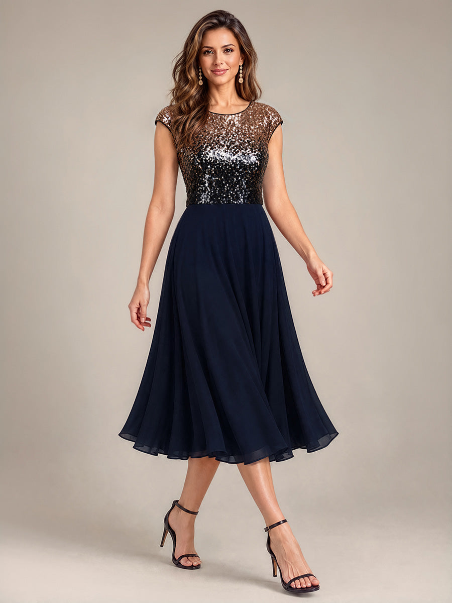 Color=Navy Champagne|Sequins Round Neckline Cap Sleeve Wedding Guest Dresses-Navy Champagne 3