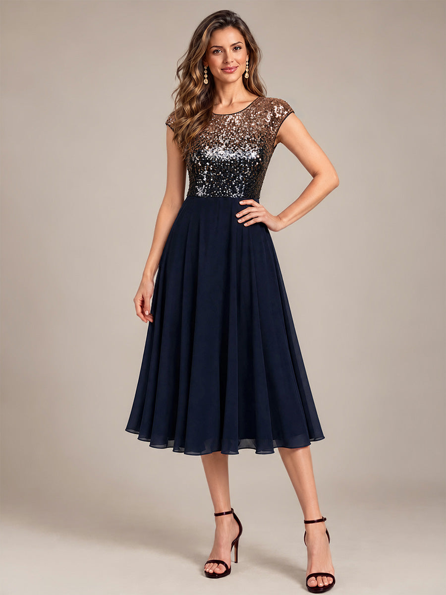 Color=Navy Champagne|Sequins Round Neckline Cap Sleeve Wedding Guest Dresses-Navy Champagne 4