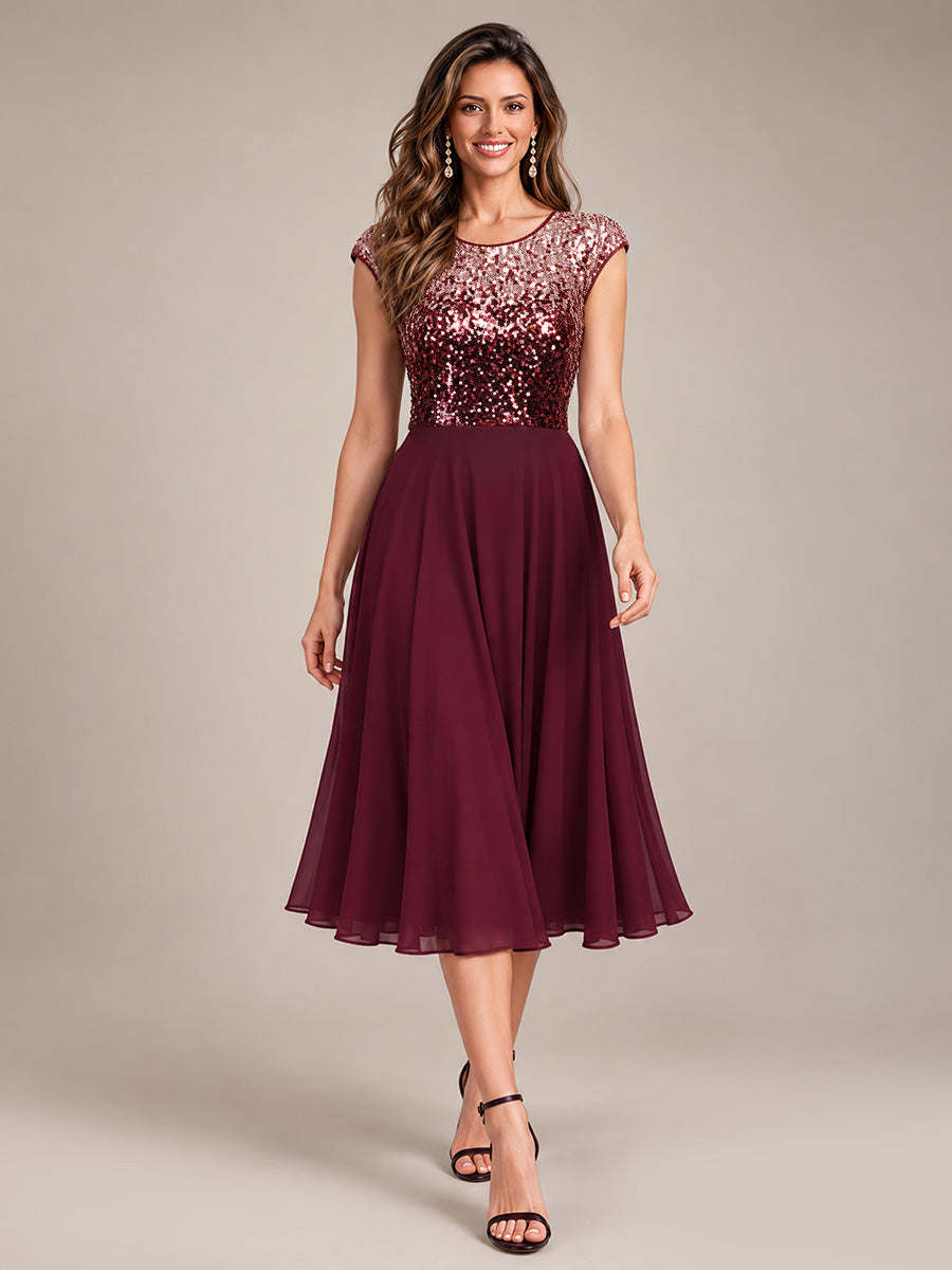 Color=Burgundy Pink|Sequins Round Neckline Cap Sleeve Wedding Guest Dresses-Burgundy Pink
