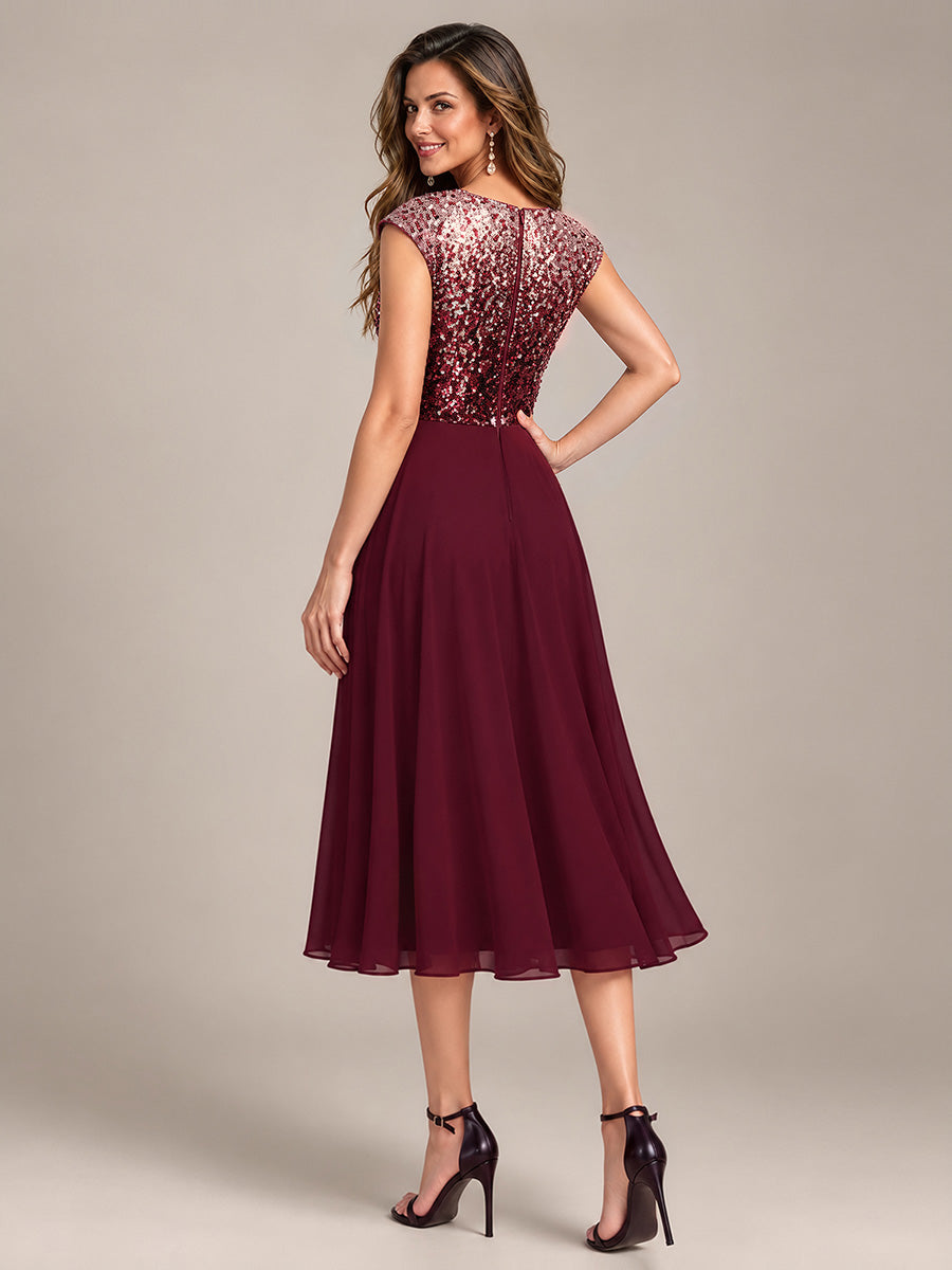 Color=Burgundy Pink|Sequins Round Neckline Cap Sleeve Wedding Guest Dresses-Burgundy Pink 2