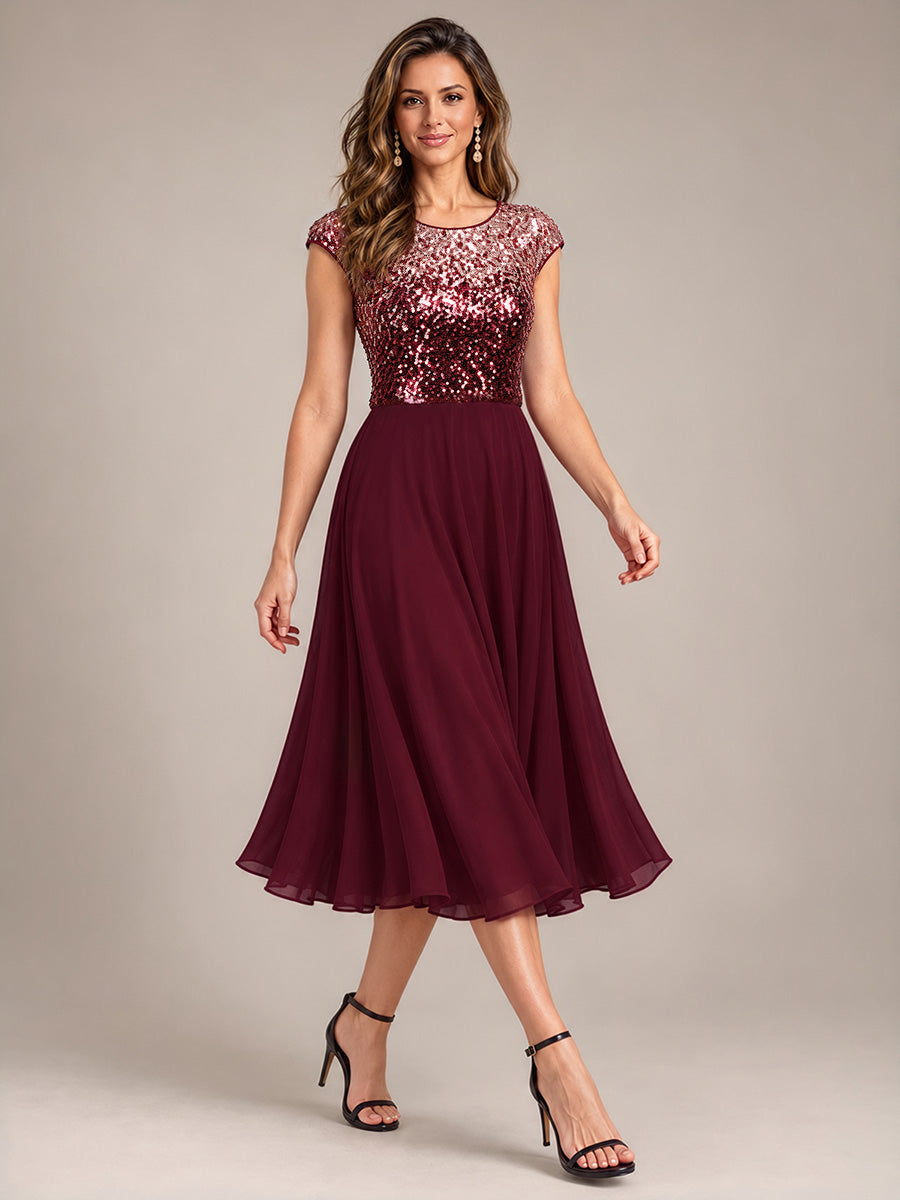 Color=Burgundy Pink|Sequins Round Neckline Cap Sleeve Wedding Guest Dresses-Burgundy Pink 3