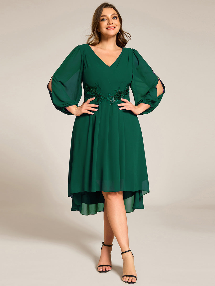 Plus Size Elegant Lantern Sleeve Applique Empire Waist Midi-Length Chiffon Evening Dresses with Asymmetrical Hem