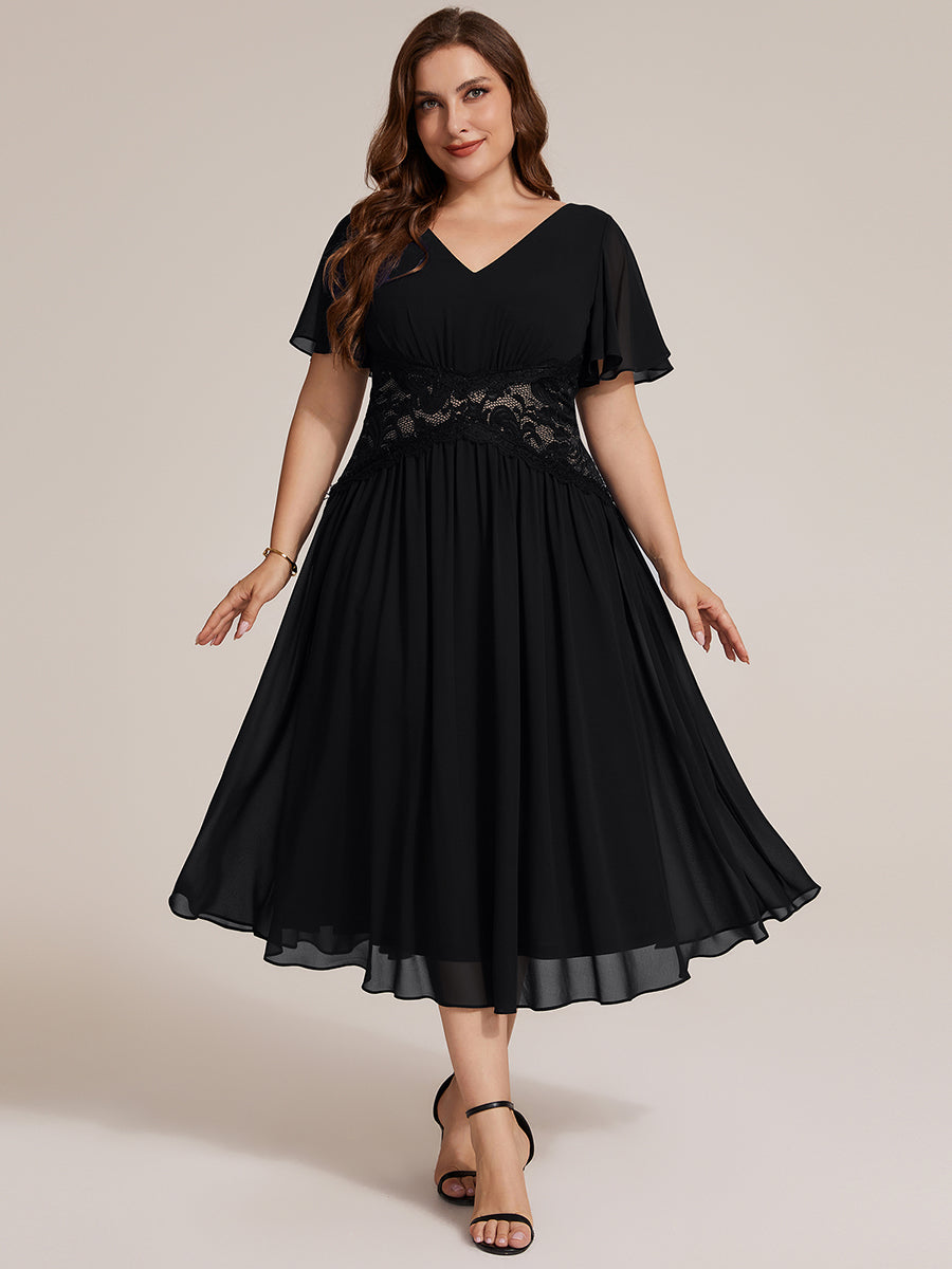 Color=Black | Volume Discounts Short Sleeve Ruffle Lace Trim V-Neck A-Line Midi Wedding Guest Dresses-Black 6