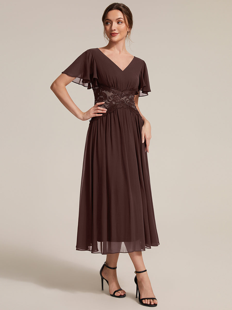 Color=Chocolate Brown | Volume Discounts Short Sleeve Ruffle Lace Trim V-Neck A-Line Midi Wedding Guest Dresses-Chocolate Brown 14