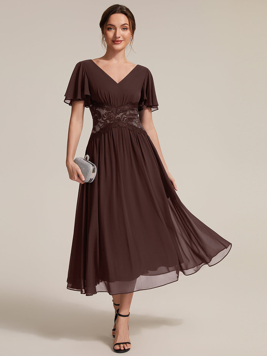 Color=Chocolate Brown | Volume Discounts Short Sleeve Ruffle Lace Trim V-Neck A-Line Midi Wedding Guest Dresses-Chocolate Brown 15