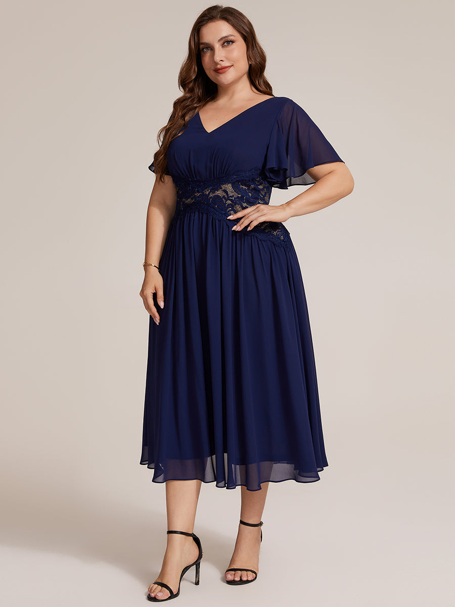 Color=Navy Blue | Volume Discounts Short Sleeve Ruffle Lace Trim V-Neck A-Line Midi Wedding Guest Dresses-Navy Blue 29
