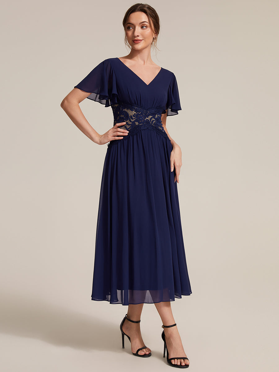 Color=Navy Blue | Volume Discounts Short Sleeve Ruffle Lace Trim V-Neck A-Line Midi Wedding Guest Dresses-Navy Blue 24