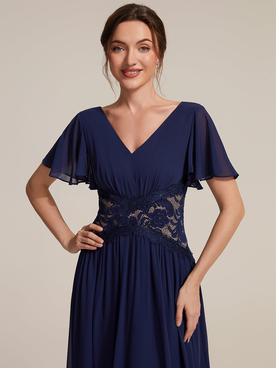 Color=Navy Blue | Volume Discounts Short Sleeve Ruffle Lace Trim V-Neck A-Line Midi Wedding Guest Dresses-Navy Blue 23