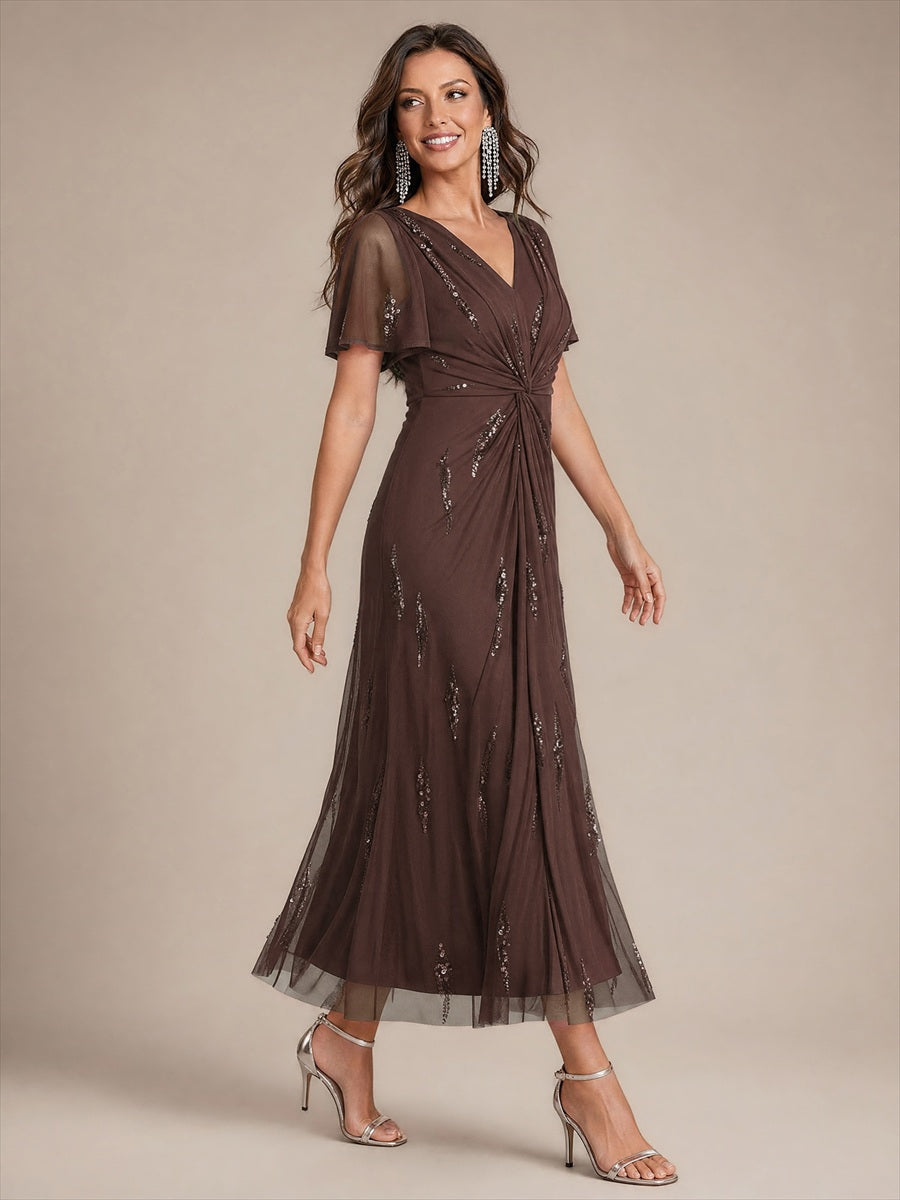 Color=Chocolate brown|Factory Design Short Sleeve Ruffle Sheath V-Neck High Stretch Wedding Guest Dresses-Chocolate brown 3